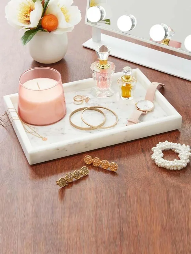 1Chase 1CHASE Rectangular Natural White Marble Stone Decorative Trinket Vanity Serving Tray